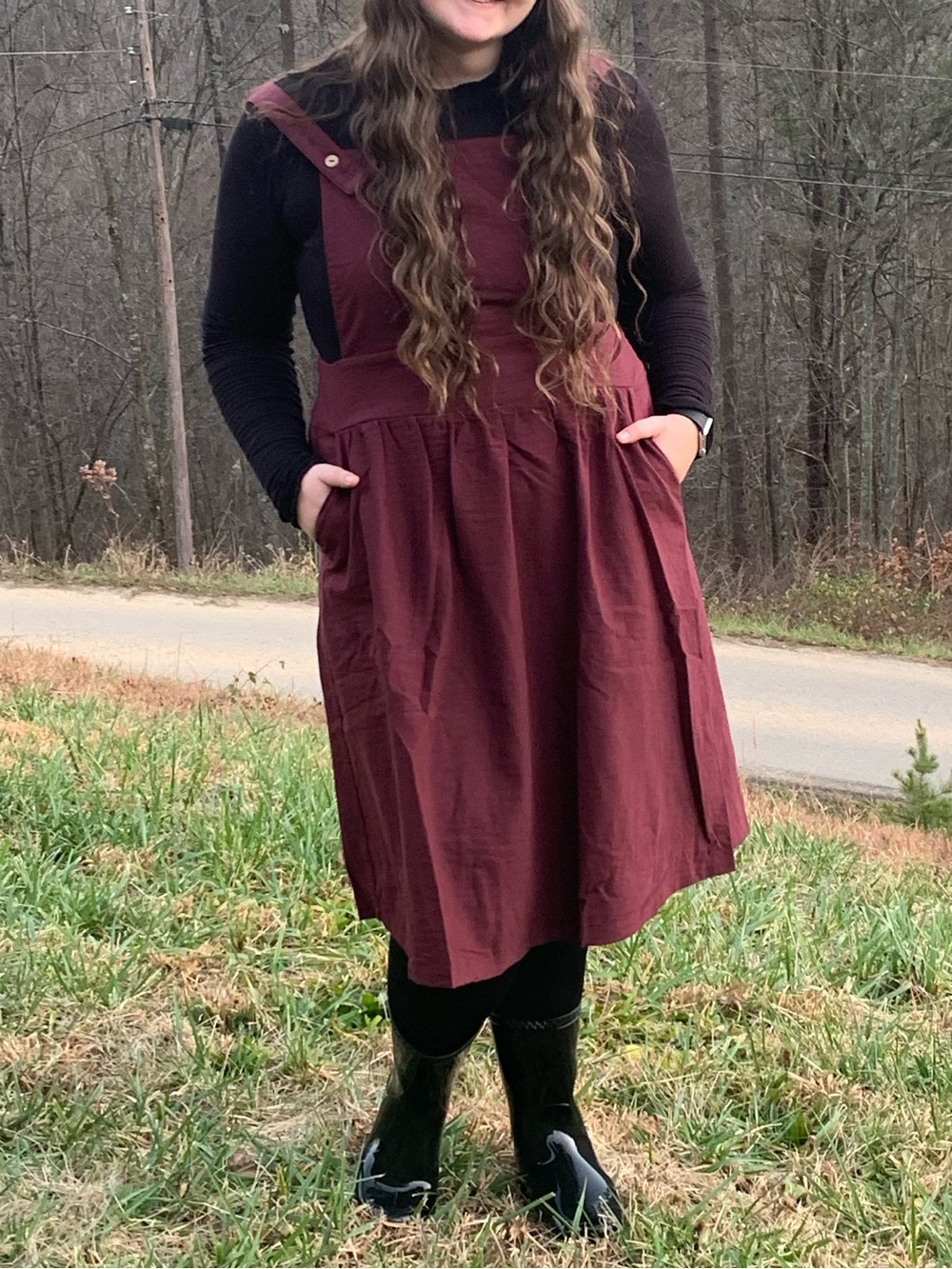 Burgundy Pinafore Dress with Front Pockets